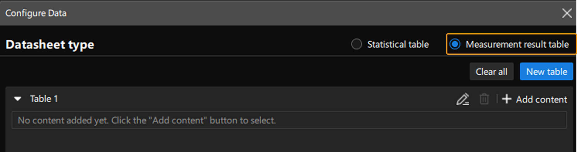 measured result table
