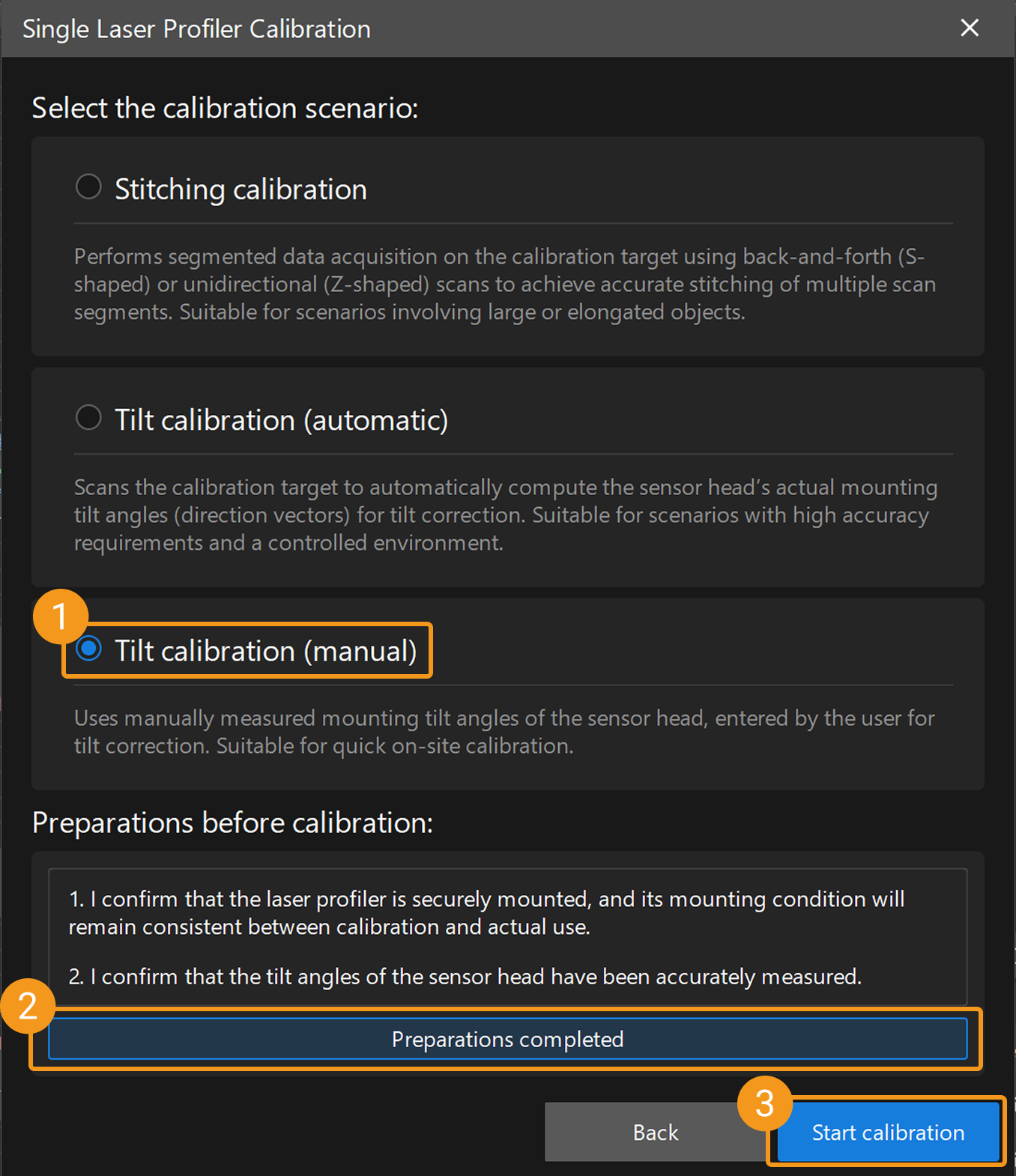 select manual tilt calib