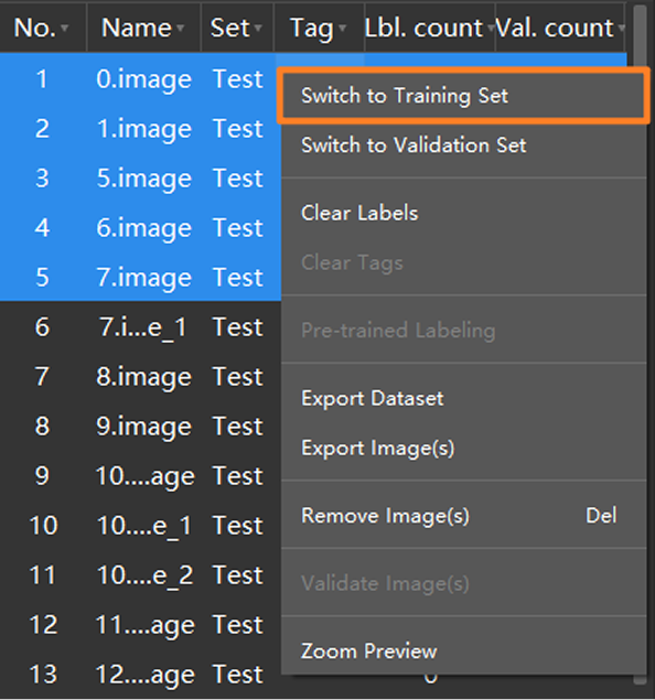 example projects add training set