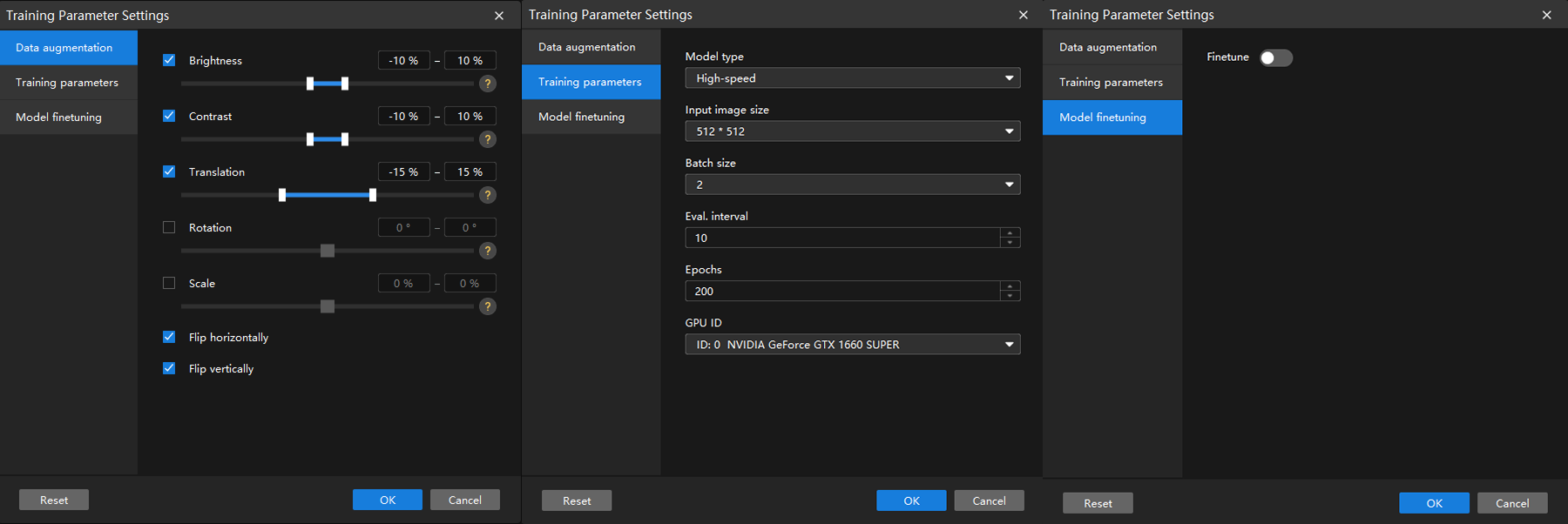 training parameters configuration