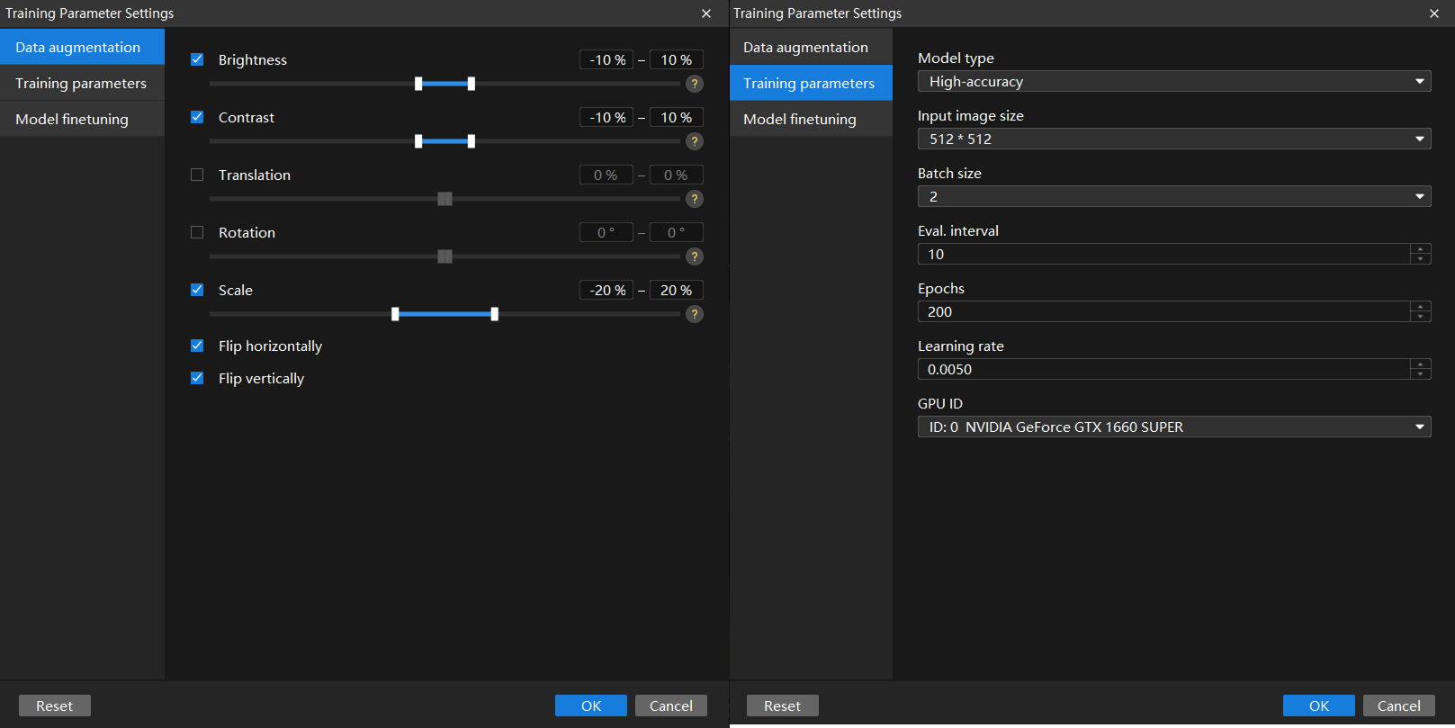 example projects set train parameter
