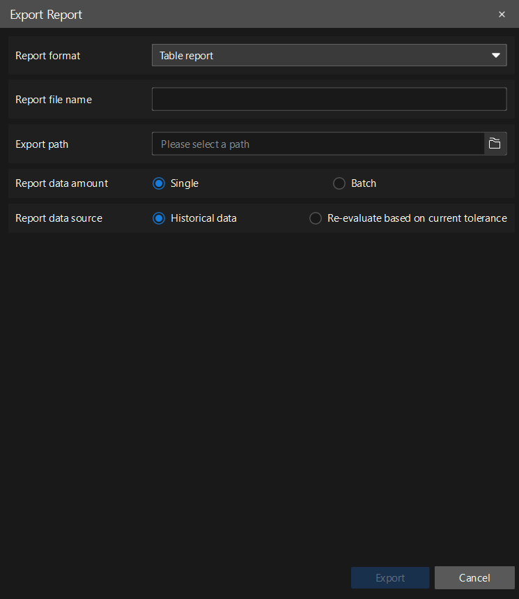 the interface of export report