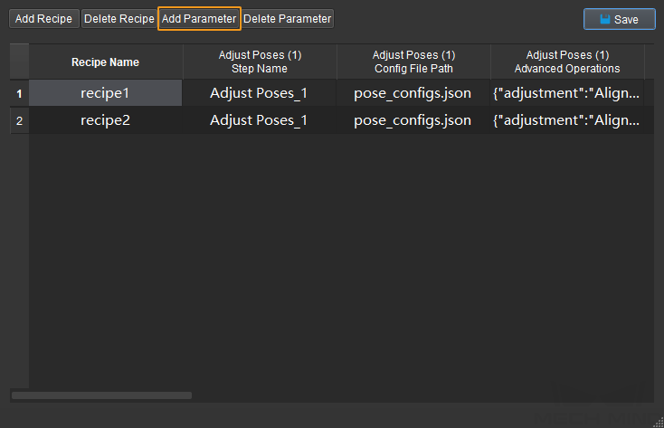 parameter recipe configuration edit parameter