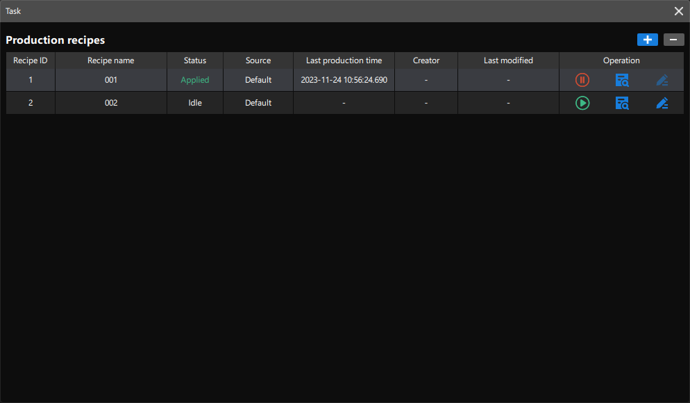 display workpiece info production recipes window