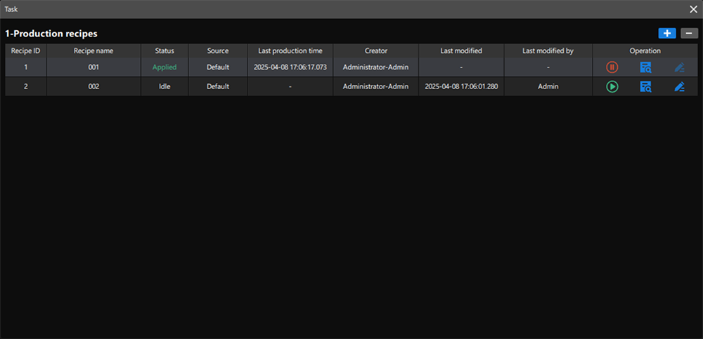 switch workpiece types production recipes window