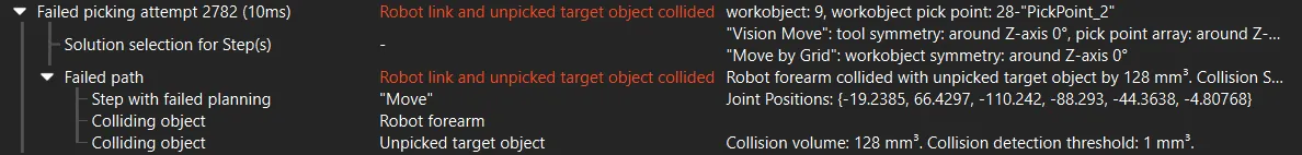 robot collided unpicked object plan history