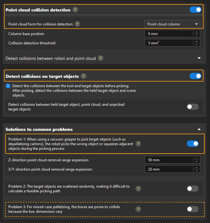 depalletizing settings