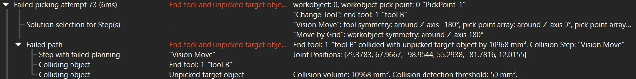 tool collided unpicked object plan history